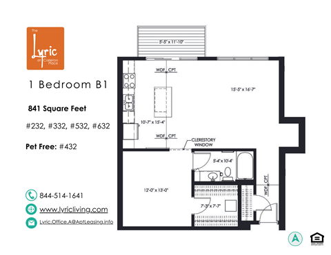 Floor plan for 1 bed, 1 bath, 841 sqft